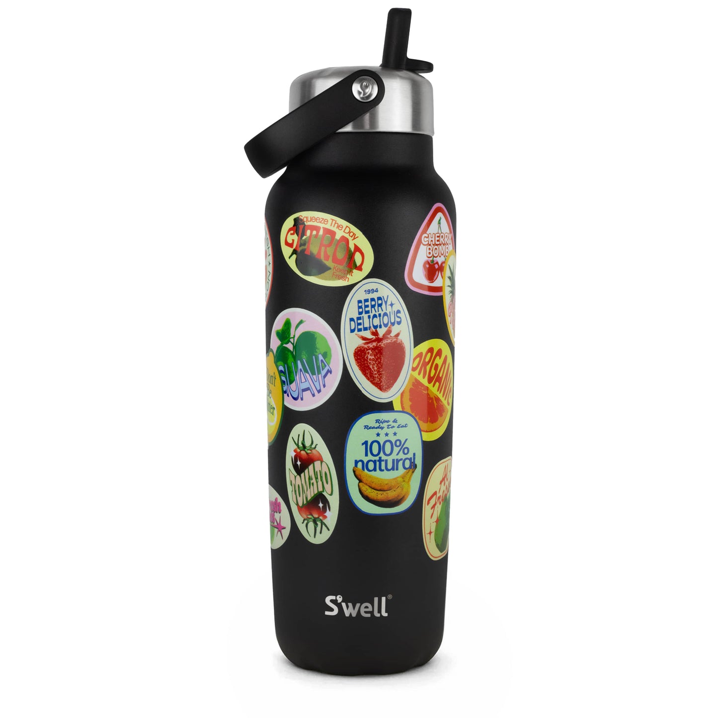 explorer-with-flip-straw-lid-40oz-h6 01_Swell_Fruit_Stand_Stamp_Pattern_Onyx_Black_Front.jpg
